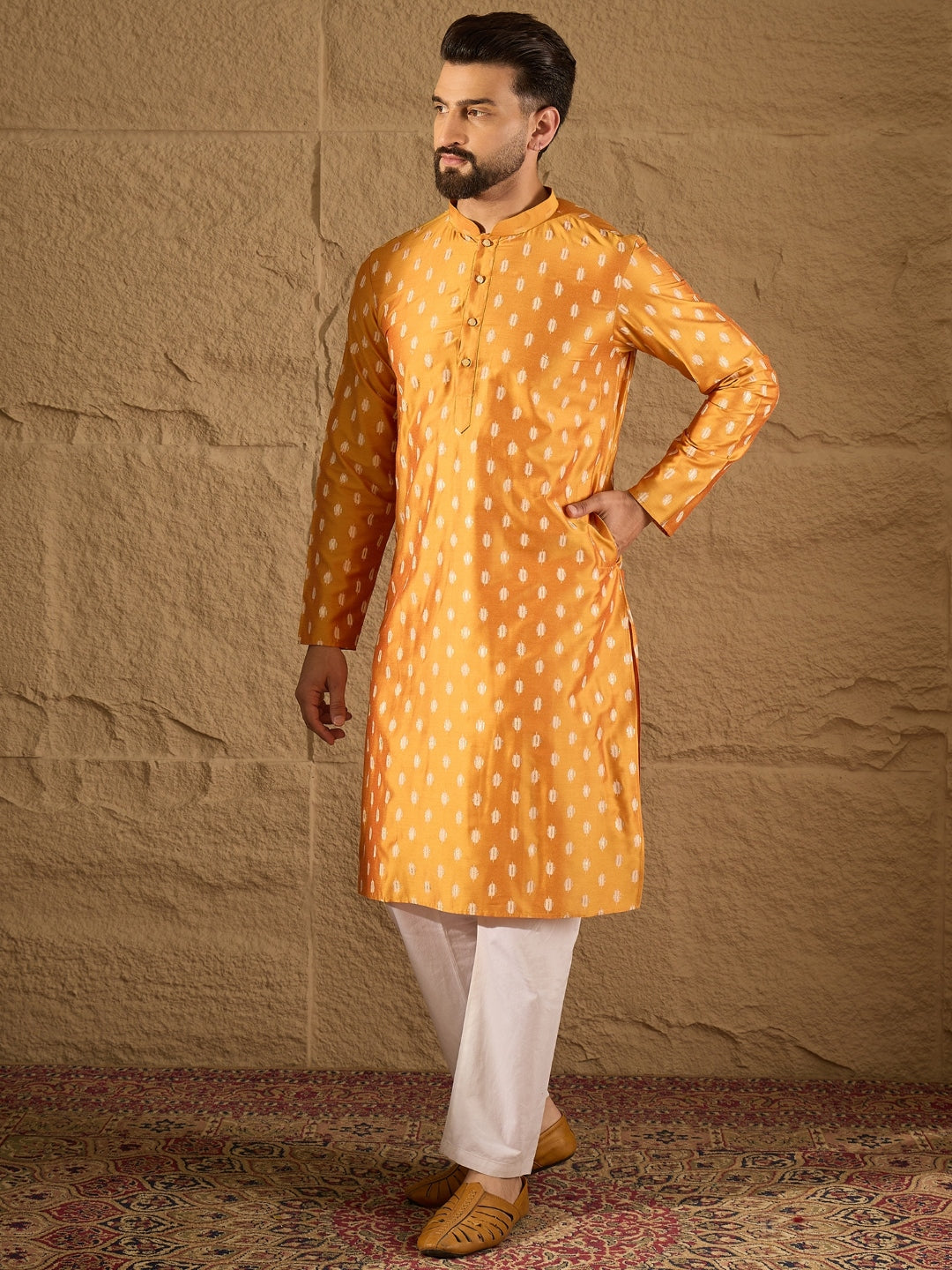 Ethnic Bay Men Yellow Silk Blend Abstract Printed Straight Kurta with Trouser-MKSET1298