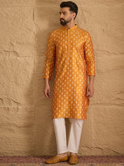 Ethnic Bay Men Yellow Silk Blend Abstract Printed Straight Kurta with Trouser-MKSET1298