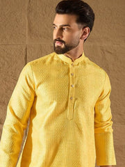 Ethnic Bay Men Yellow Silk Blend Solid Embroidered Straight Kurta with Trouser-MKSET1300