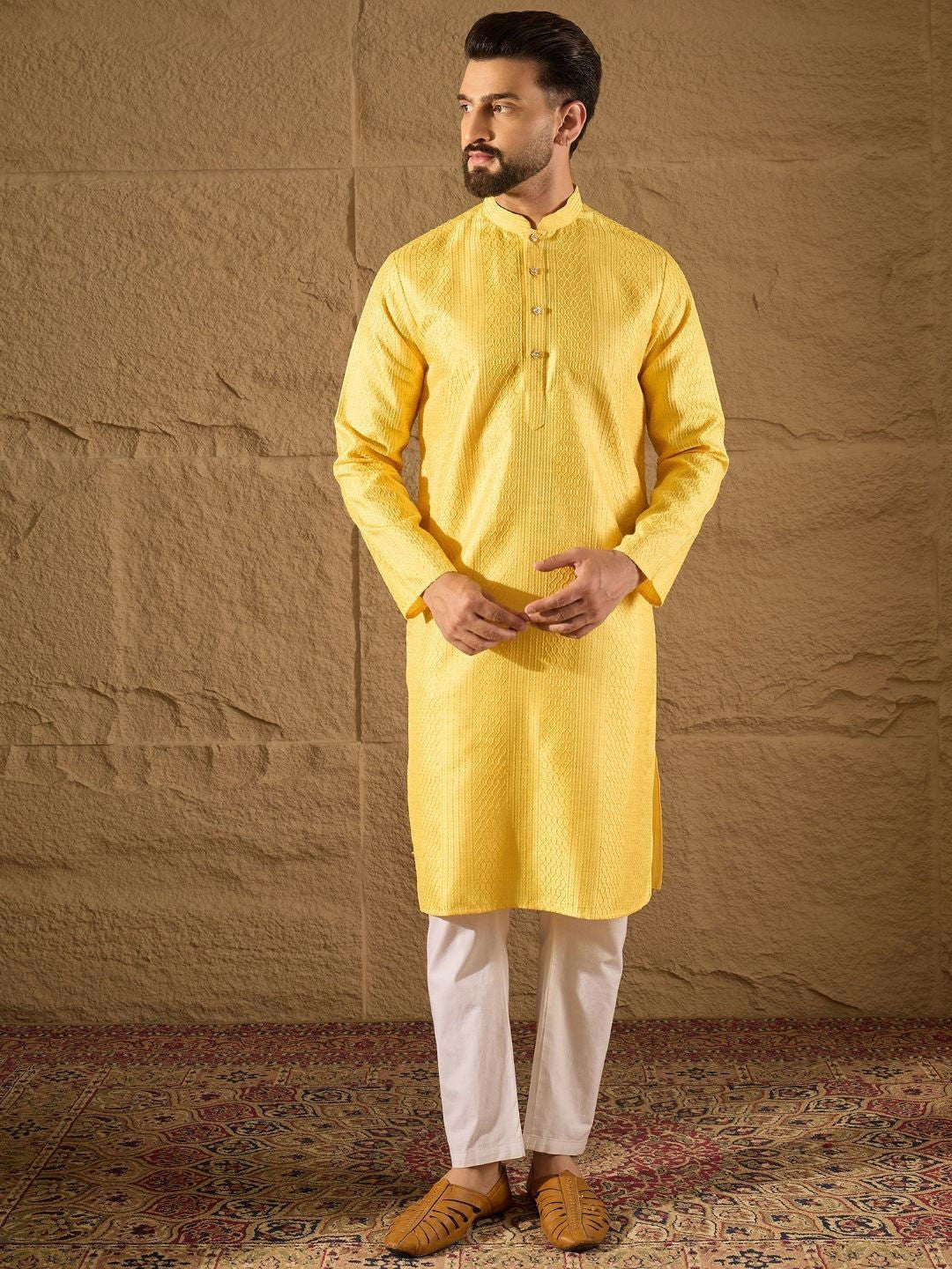 Ethnic Bay Men Yellow Silk Blend Solid Embroidered Straight Kurta with Trouser-MKSET1300