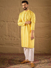 Ethnic Bay Men Yellow Silk Blend Solid Embroidered Straight Kurta with Trouser-MKSET1300
