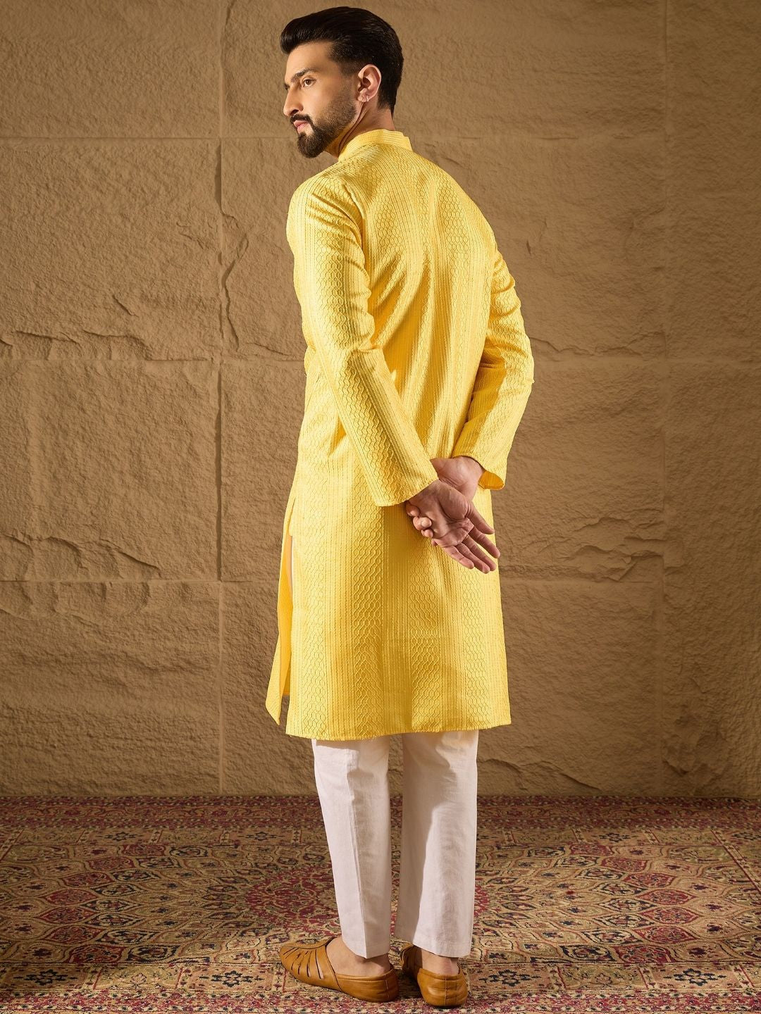 Ethnic Bay Men Yellow Silk Blend Solid Embroidered Straight Kurta with Trouser-MKSET1300