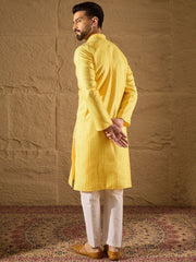 Ethnic Bay Men Yellow Silk Blend Solid Embroidered Straight Kurta with Trouser-MKSET1300