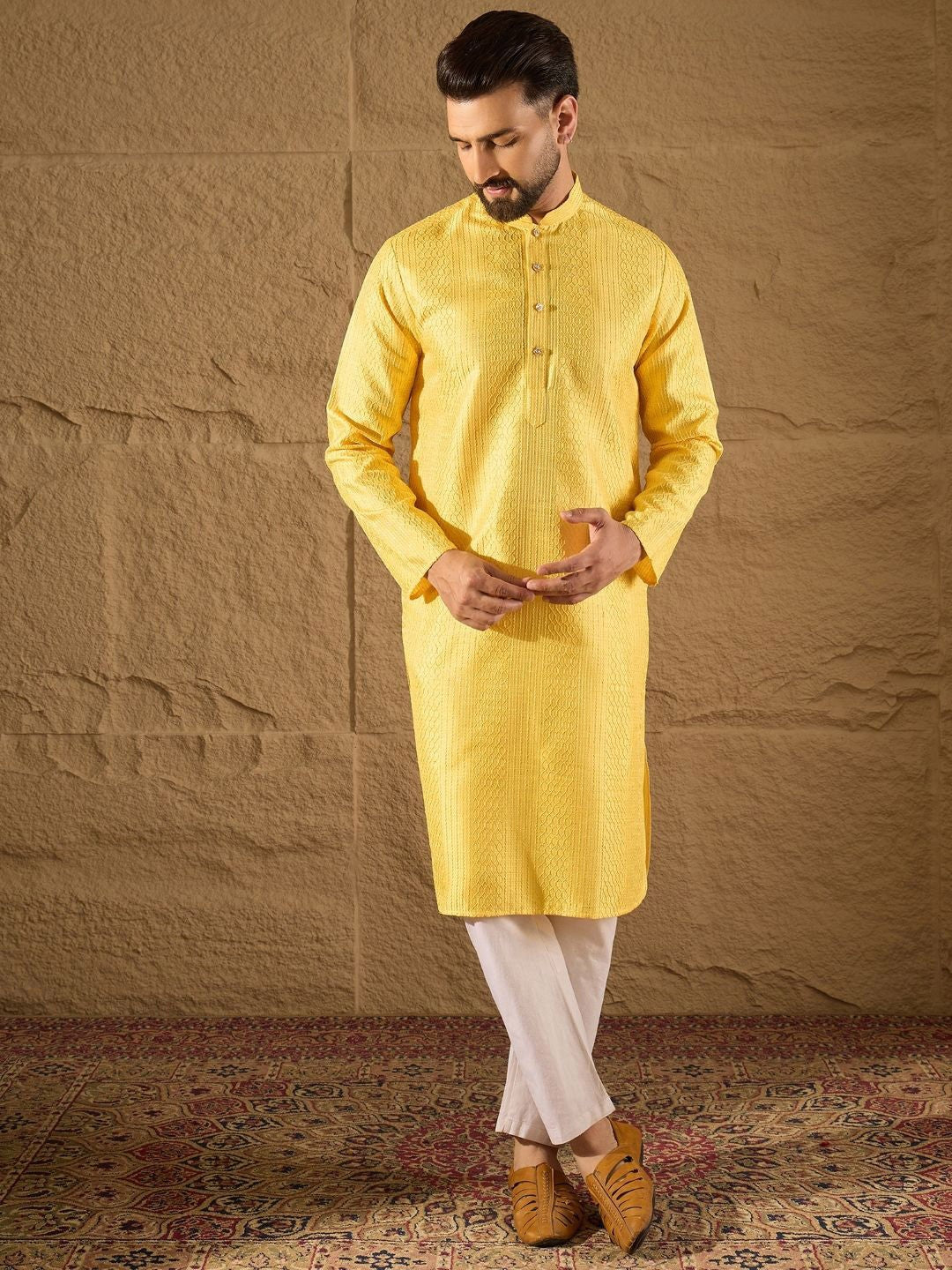 Ethnic Bay Men Yellow Silk Blend Solid Embroidered Straight Kurta with Trouser-MKSET1300