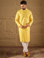 Ethnic Bay Men Yellow Silk Blend Solid Embroidered Straight Kurta with Trouser-MKSET1300