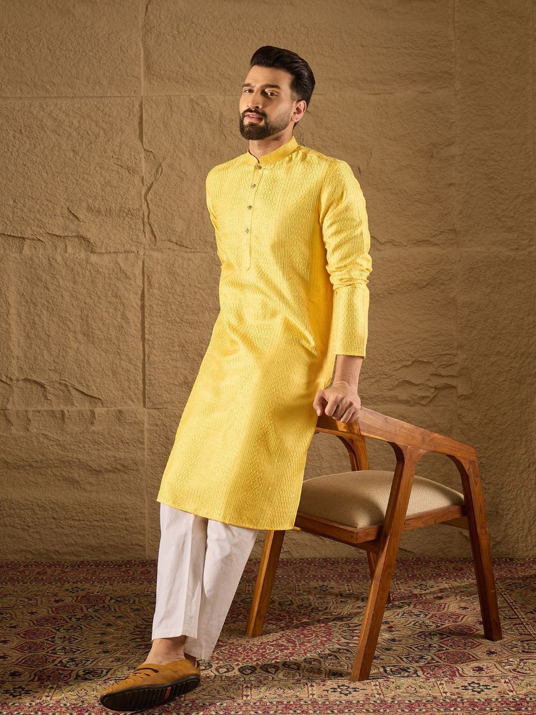 Ethnic Bay Men Yellow Silk Blend Solid Embroidered Straight Kurta with Trouser-MKSET1300