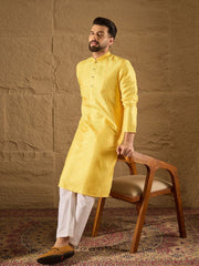 Ethnic Bay Men Yellow Silk Blend Solid Embroidered Straight Kurta with Trouser-MKSET1300