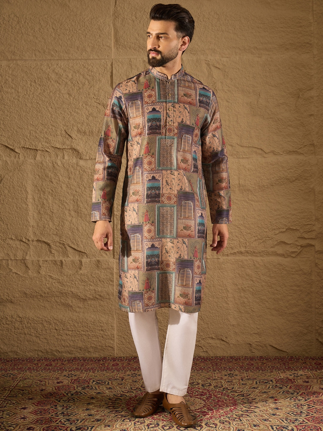 Ethnic Bay Men Multi Viscose Rayon Ethnic Motifs Embroidered Straight Kurta with Trouser-MKSET1306