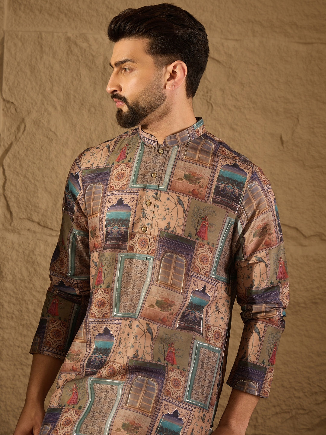 Ethnic Bay Men Multi Viscose Rayon Ethnic Motifs Embroidered Straight Kurta with Trouser-MKSET1306
