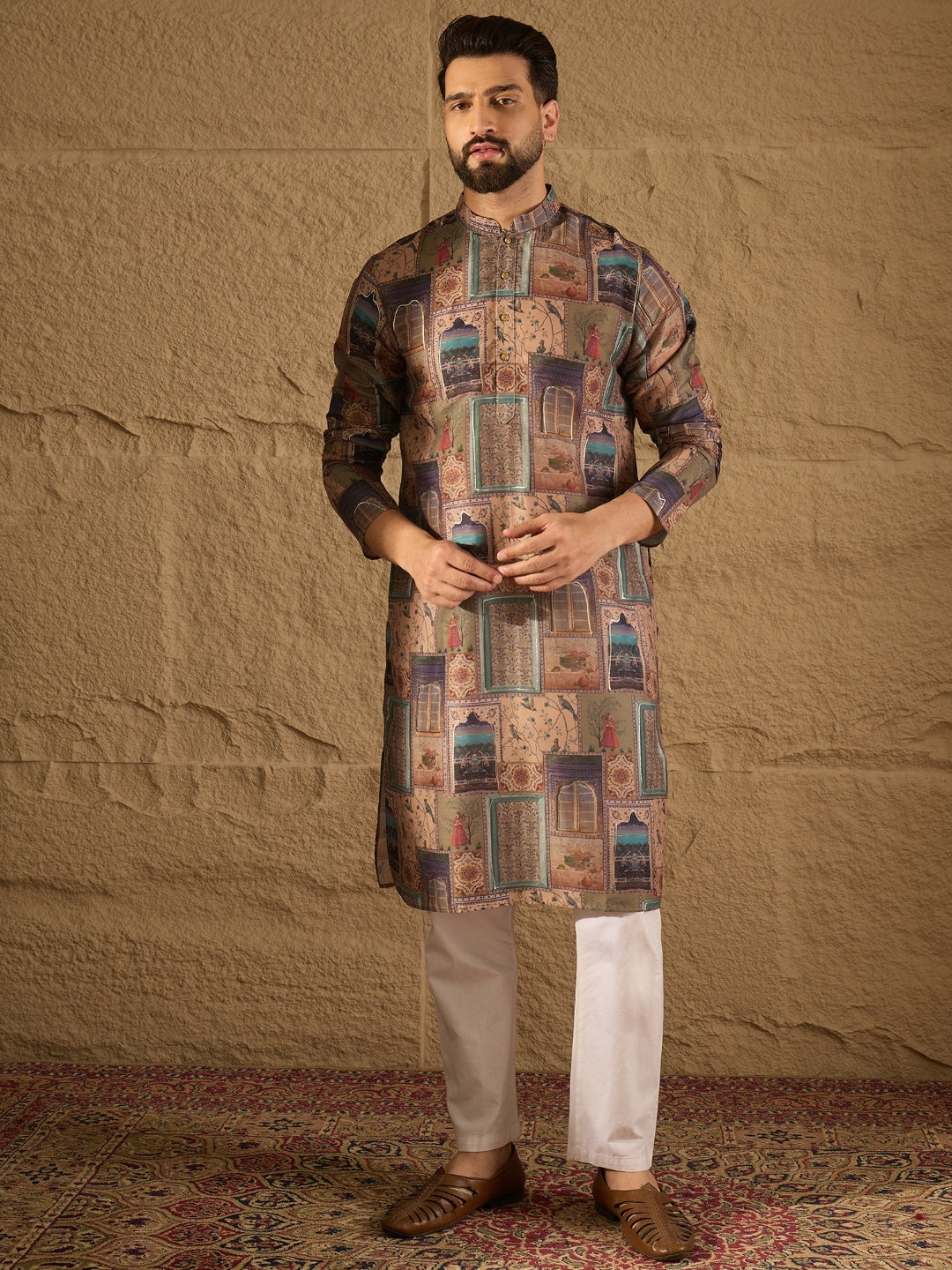 Ethnic Bay Men Multi Viscose Rayon Ethnic Motifs Embroidered Straight Kurta with Trouser-MKSET1306