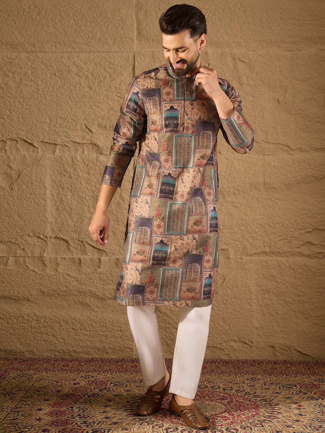 Ethnic Bay Men Multi Viscose Rayon Ethnic Motifs Embroidered Straight Kurta with Trouser-MKSET1306