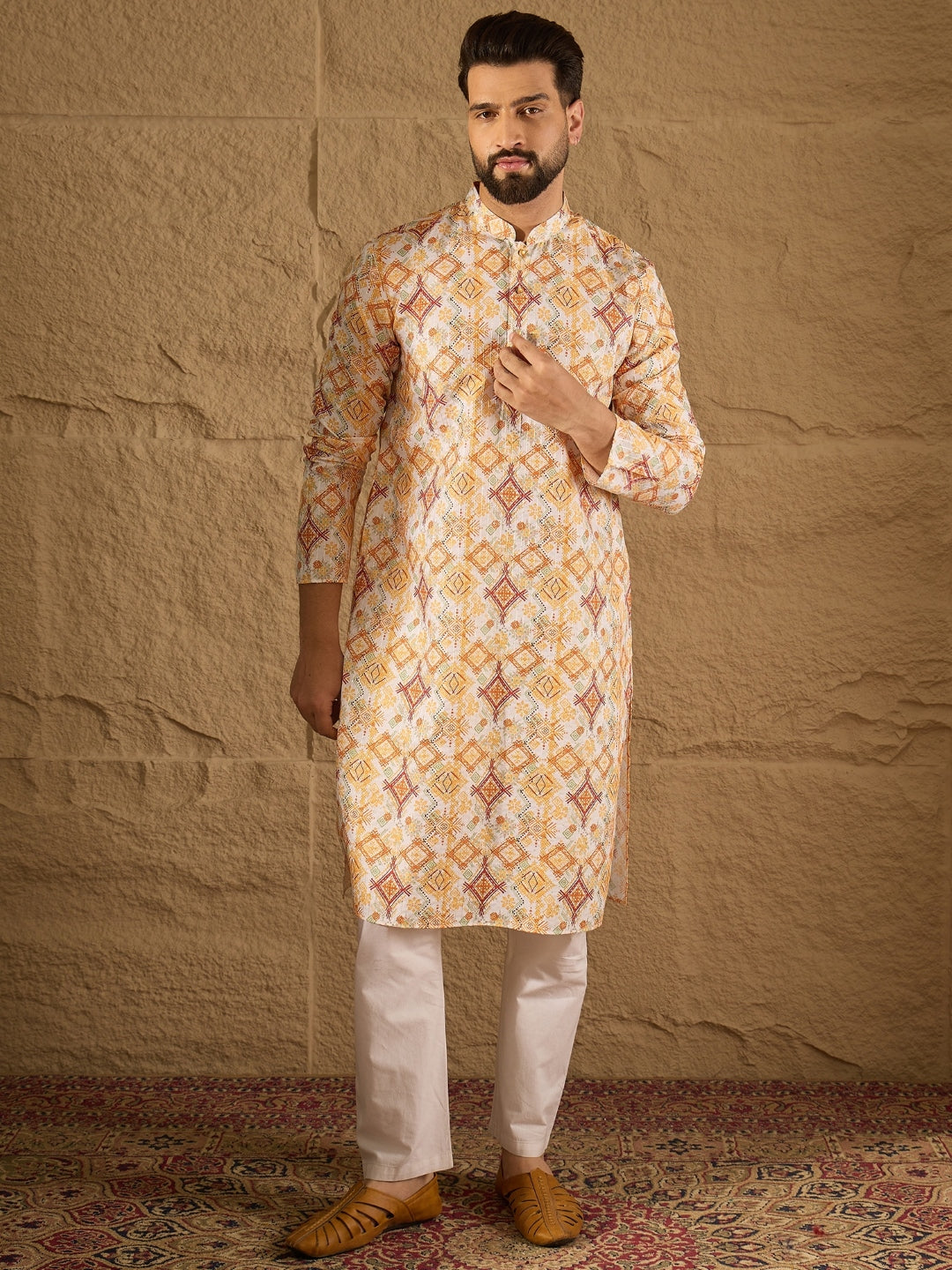 Ethnic Bay Men White Silk Blend Geometric Embroidered Straight Kurta with Trouser-MKSET1310