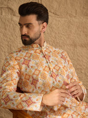 Ethnic Bay Men White Silk Blend Geometric Embroidered Straight Kurta with Trouser-MKSET1310