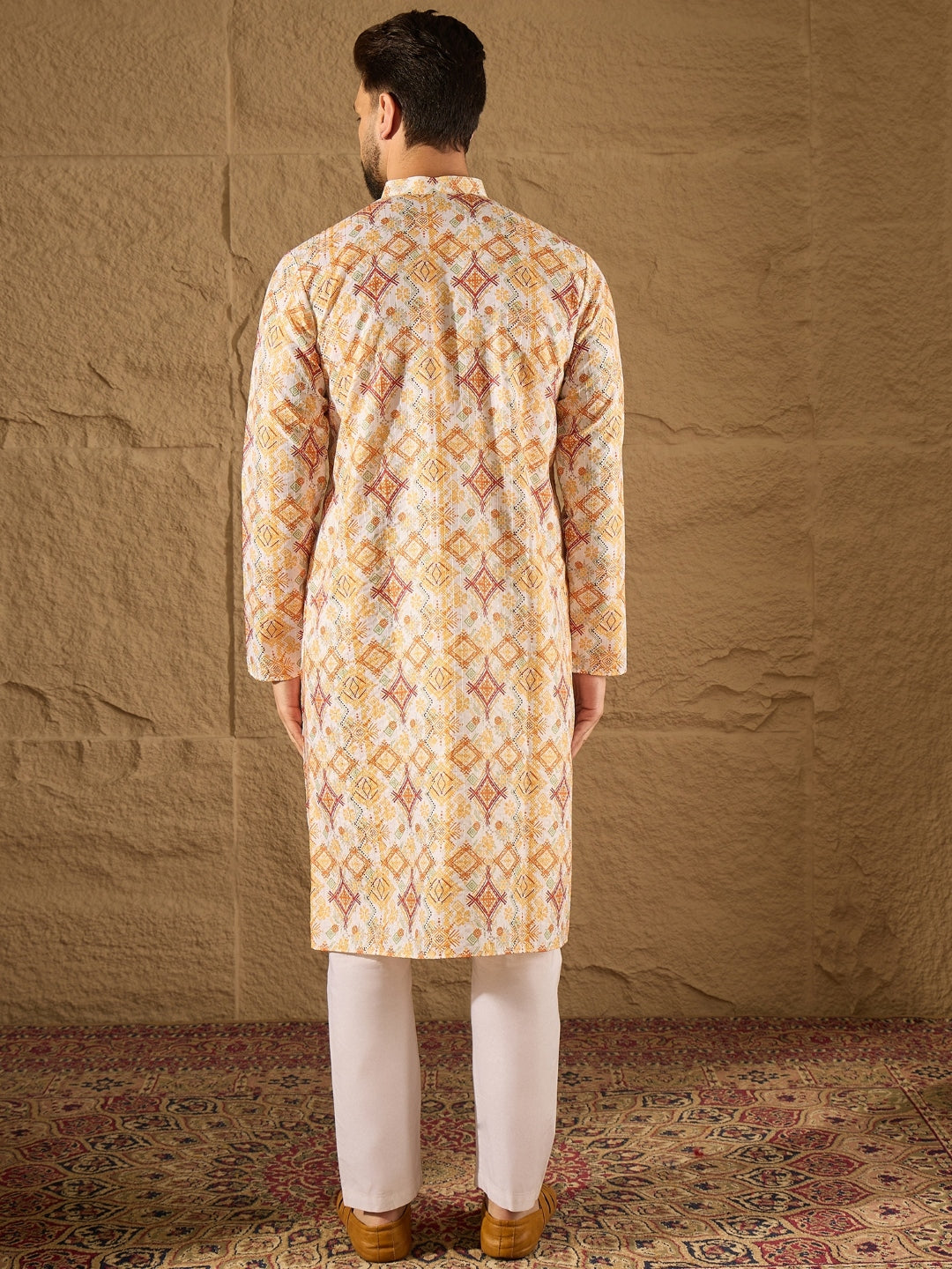 Ethnic Bay Men White Silk Blend Geometric Embroidered Straight Kurta with Trouser-MKSET1310