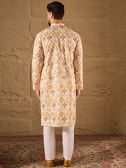 Ethnic Bay Men White Silk Blend Geometric Embroidered Straight Kurta with Trouser-MKSET1310