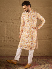 Ethnic Bay Men White Silk Blend Geometric Embroidered Straight Kurta with Trouser-MKSET1310