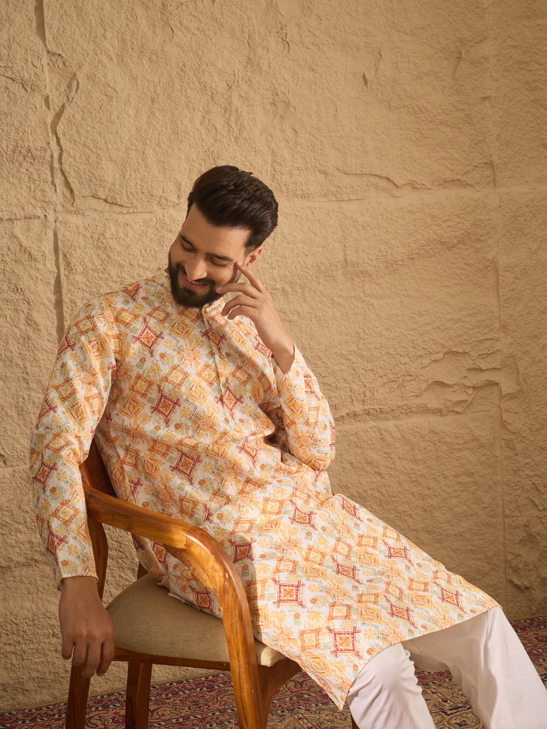 Ethnic Bay Men White Silk Blend Geometric Embroidered Straight Kurta with Trouser-MKSET1310