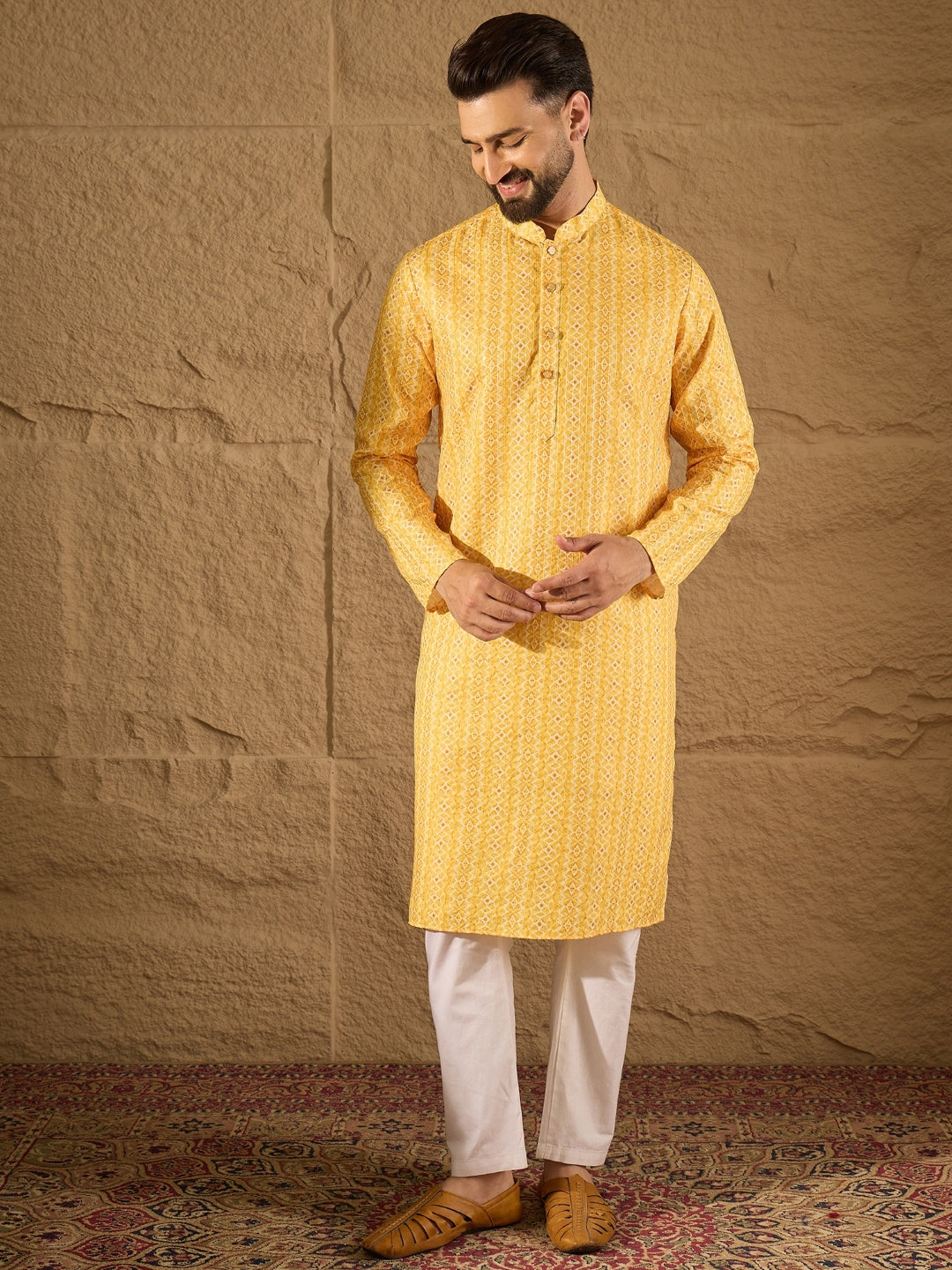 Ethnic Bay Men Yellow Silk Blend Geometric Embroidered Straight Kurta with Trouser-MKSET1313