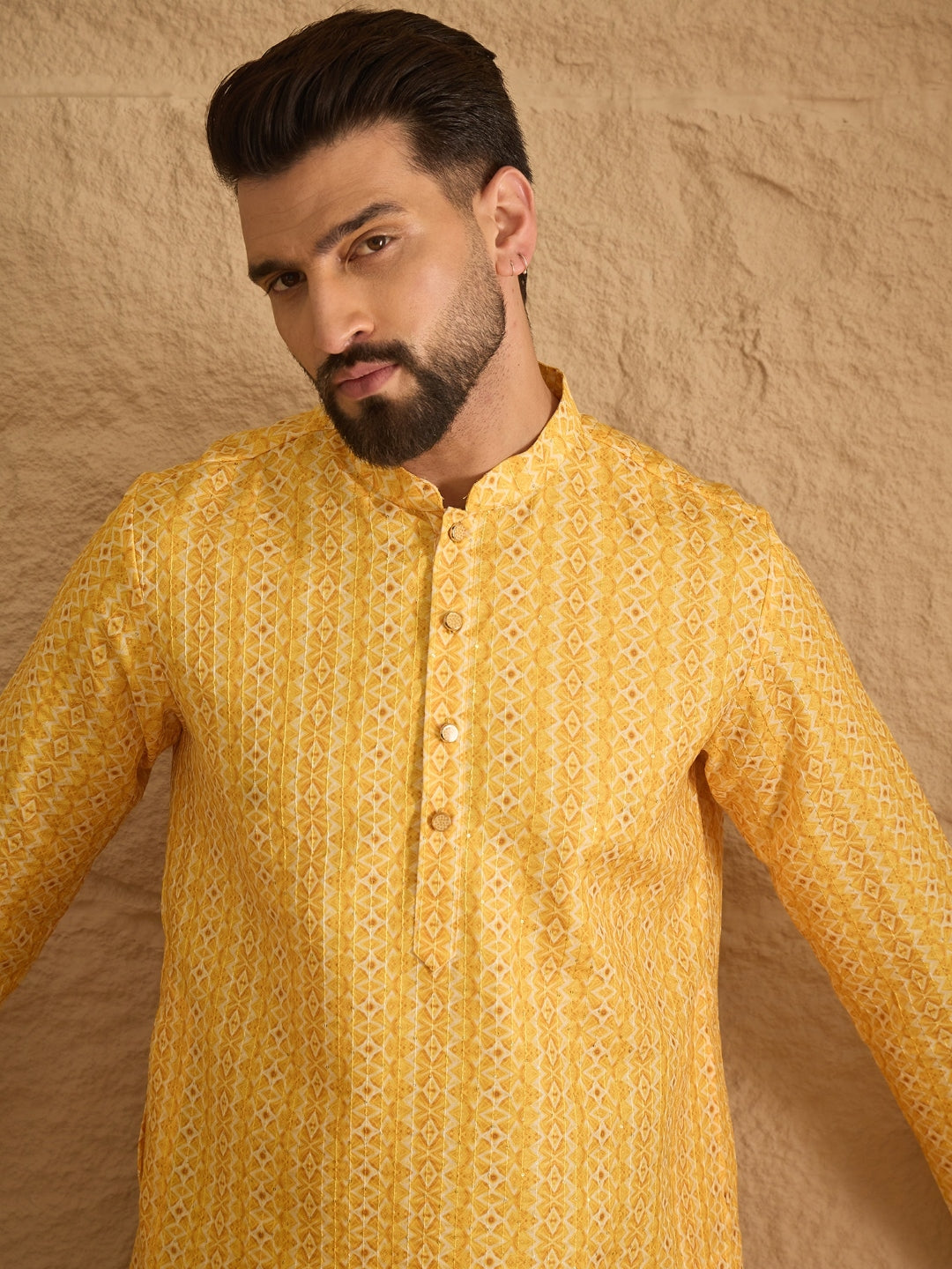 Ethnic Bay Men Yellow Silk Blend Geometric Embroidered Straight Kurta with Trouser-MKSET1313