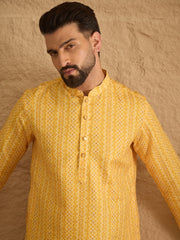 Ethnic Bay Men Yellow Silk Blend Geometric Embroidered Straight Kurta with Trouser-MKSET1313