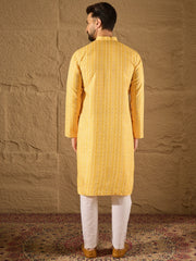 Ethnic Bay Men Yellow Silk Blend Geometric Embroidered Straight Kurta with Trouser-MKSET1313