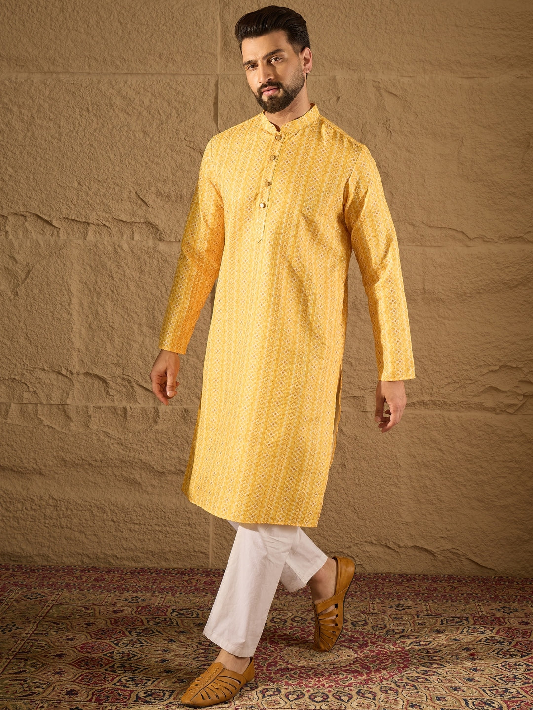 Ethnic Bay Men Yellow Silk Blend Geometric Embroidered Straight Kurta with Trouser-MKSET1313