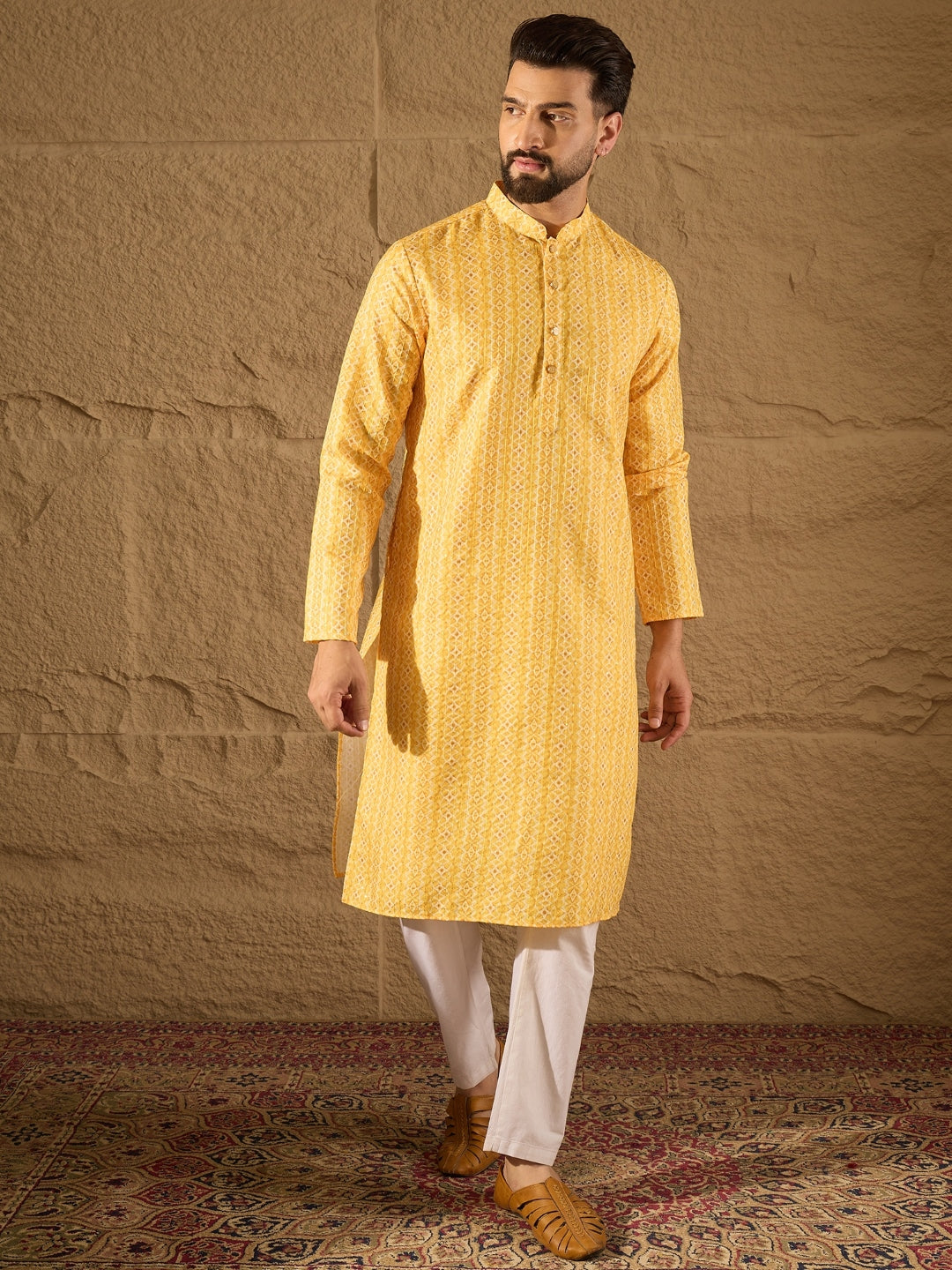 Ethnic Bay Men Yellow Silk Blend Geometric Embroidered Straight Kurta with Trouser-MKSET1313