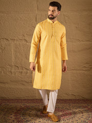 Ethnic Bay Men Yellow Silk Blend Geometric Embroidered Straight Kurta with Trouser-MKSET1313