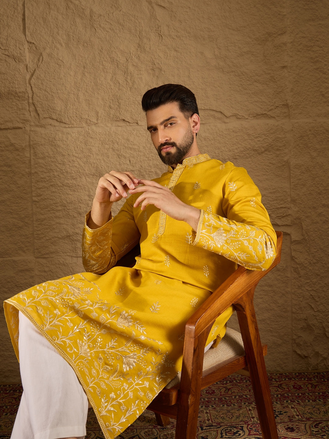 Ethnic Bay Men Yellow Chanderi Silk Solid Embroidered Straight Kurta with Trouser-MKSET1314