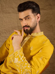 Ethnic Bay Men Yellow Chanderi Silk Solid Embroidered Straight Kurta with Trouser-MKSET1314