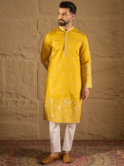 Ethnic Bay Men Yellow Chanderi Silk Solid Embroidered Straight Kurta with Trouser-MKSET1314