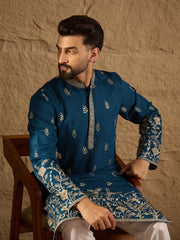 Ethnic Bay Men Blue Chanderi Silk Solid Embroidered Straight Kurta with Trouser-MKSET1315