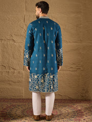 Ethnic Bay Men Blue Chanderi Silk Solid Embroidered Straight Kurta with Trouser-MKSET1315