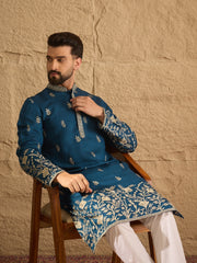 Ethnic Bay Men Blue Chanderi Silk Solid Embroidered Straight Kurta with Trouser-MKSET1315