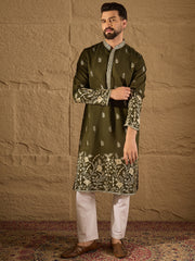 Ethnic Bay Men Olive Chanderi Silk Solid Embroidered Straight Kurta with Trouser-MKSET1319