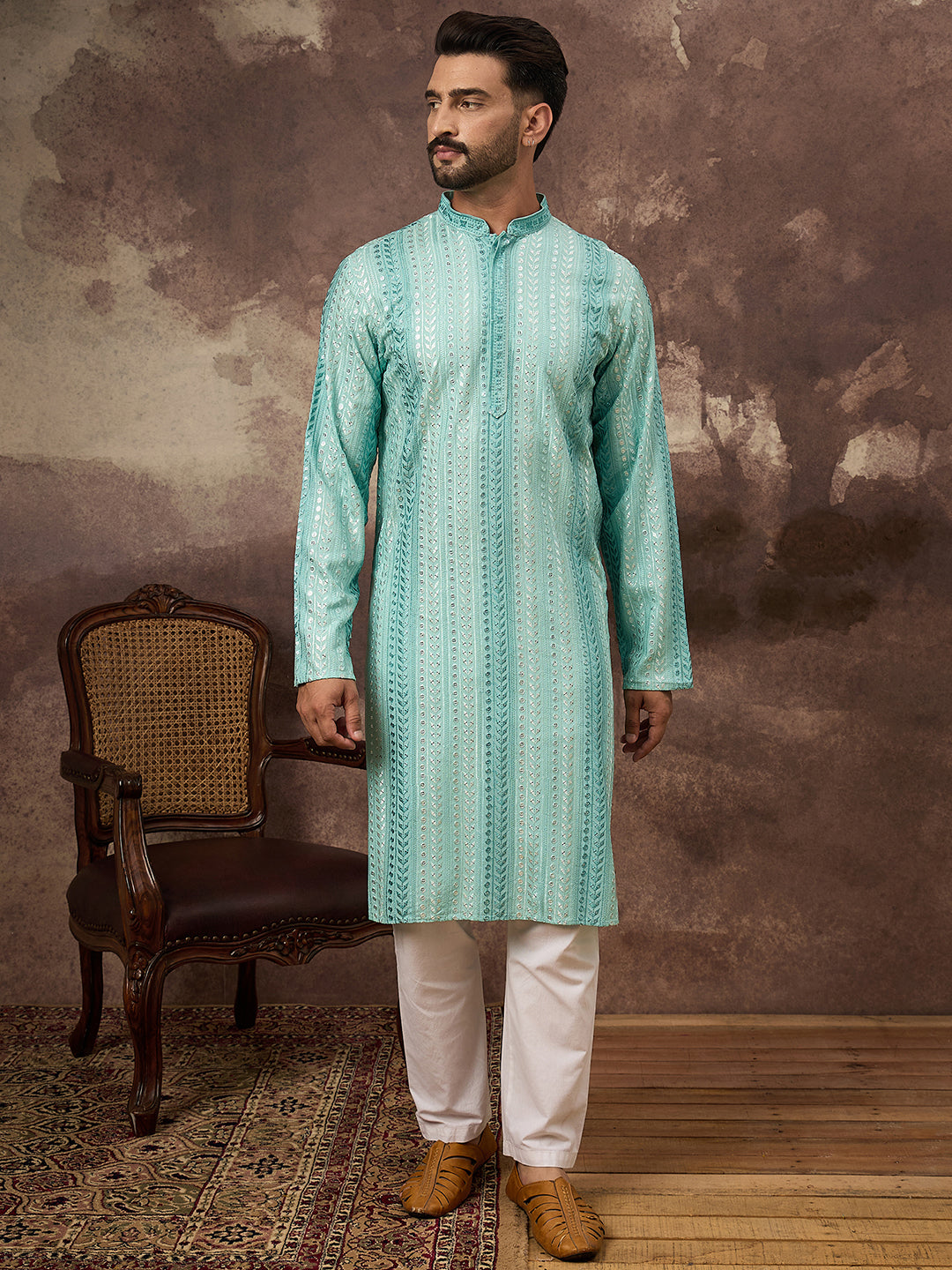 Ethnic Bay Men Blue Viscose Rayon Solid Embroidered Straight Kurta with Trouser-MKSET1324