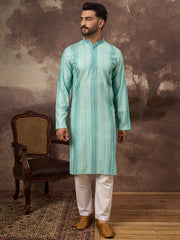 Ethnic Bay Men Blue Viscose Rayon Solid Embroidered Straight Kurta with Trouser-MKSET1324