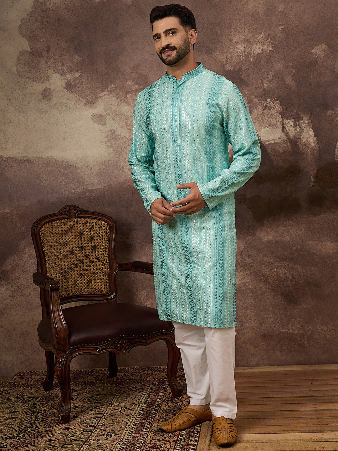 Ethnic Bay Men Blue Viscose Rayon Solid Embroidered Straight Kurta with Trouser-MKSET1324