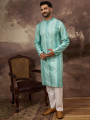 Ethnic Bay Men Blue Viscose Rayon Solid Embroidered Straight Kurta with Trouser-MKSET1324