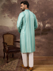Ethnic Bay Men Blue Viscose Rayon Solid Embroidered Straight Kurta with Trouser-MKSET1324