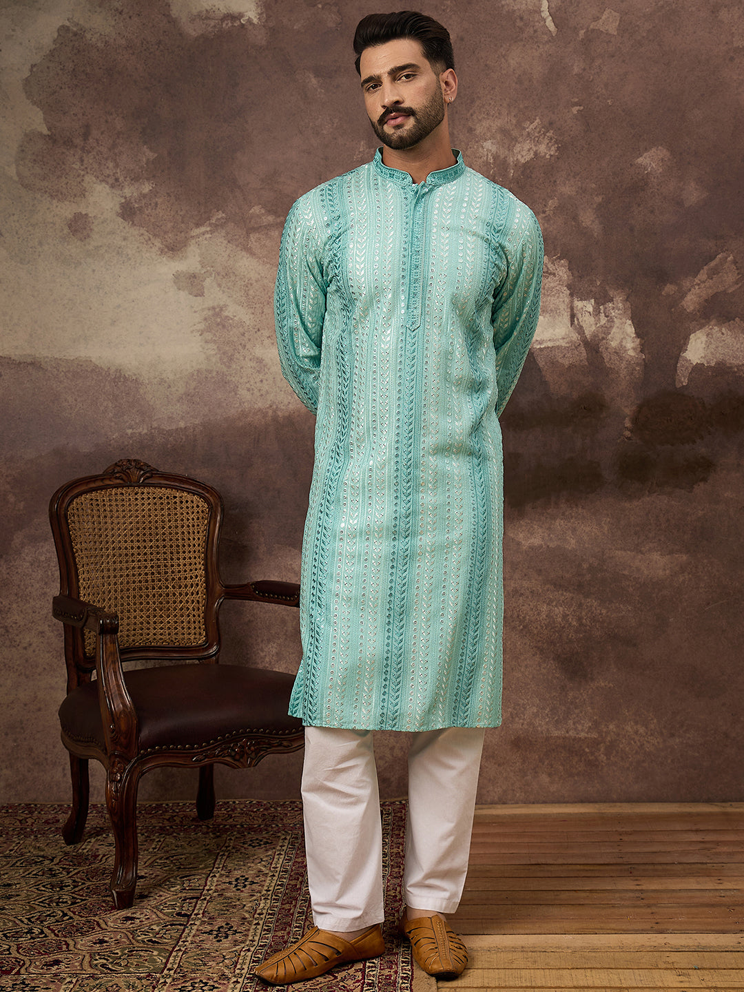 Ethnic Bay Men Blue Viscose Rayon Solid Embroidered Straight Kurta with Trouser-MKSET1324