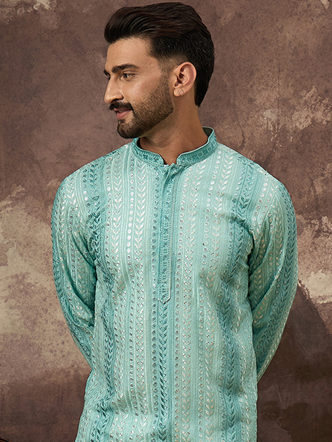 Ethnic Bay Men Blue Viscose Rayon Solid Embroidered Straight Kurta with Trouser-MKSET1324