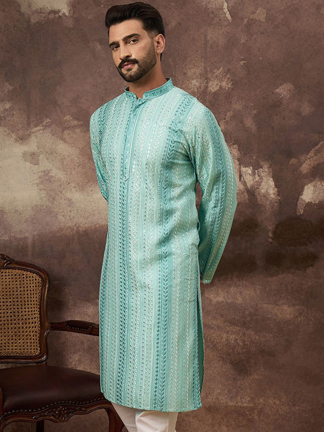 Ethnic Bay Men Blue Viscose Rayon Solid Embroidered Straight Kurta with Trouser-MKSET1324