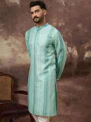 Ethnic Bay Men Blue Viscose Rayon Solid Embroidered Straight Kurta with Trouser-MKSET1324