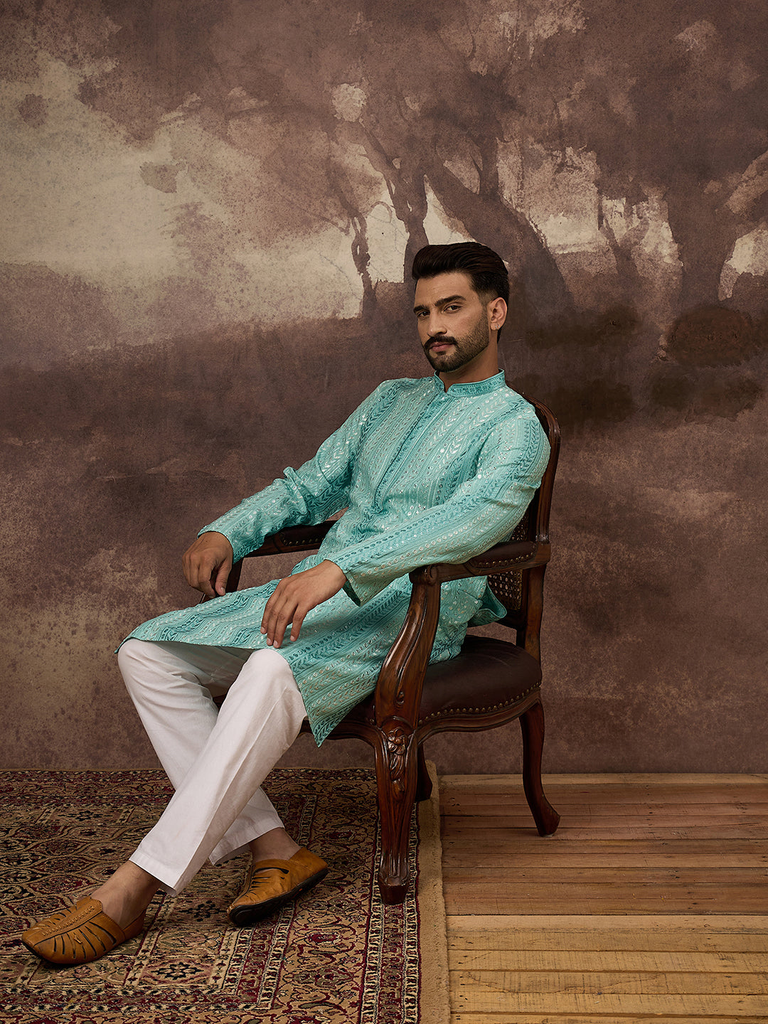 Ethnic Bay Men Blue Viscose Rayon Solid Embroidered Straight Kurta with Trouser-MKSET1324