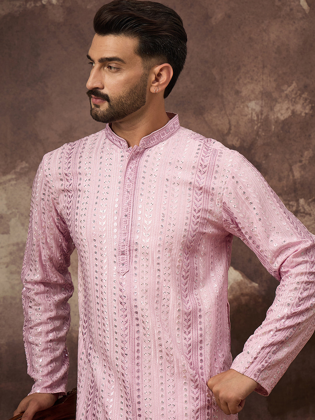 Ethnic Bay Men Pink Viscose Rayon Solid Embroidered Straight Kurta with Trouser-MKSET1325