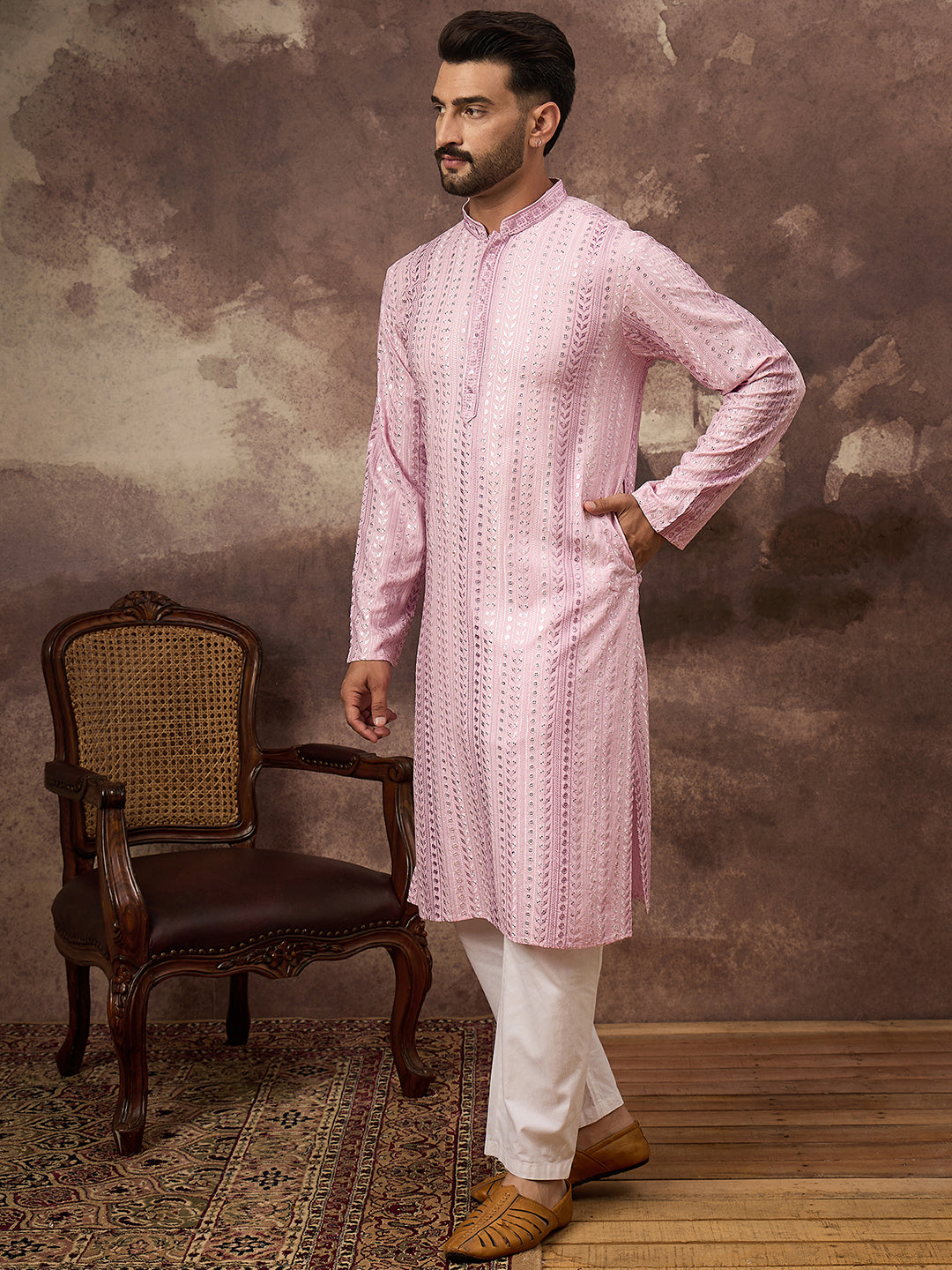 Ethnic Bay Men Pink Viscose Rayon Solid Embroidered Straight Kurta with Trouser-MKSET1325