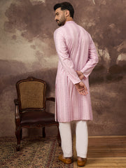 Ethnic Bay Men Pink Viscose Rayon Solid Embroidered Straight Kurta with Trouser-MKSET1325