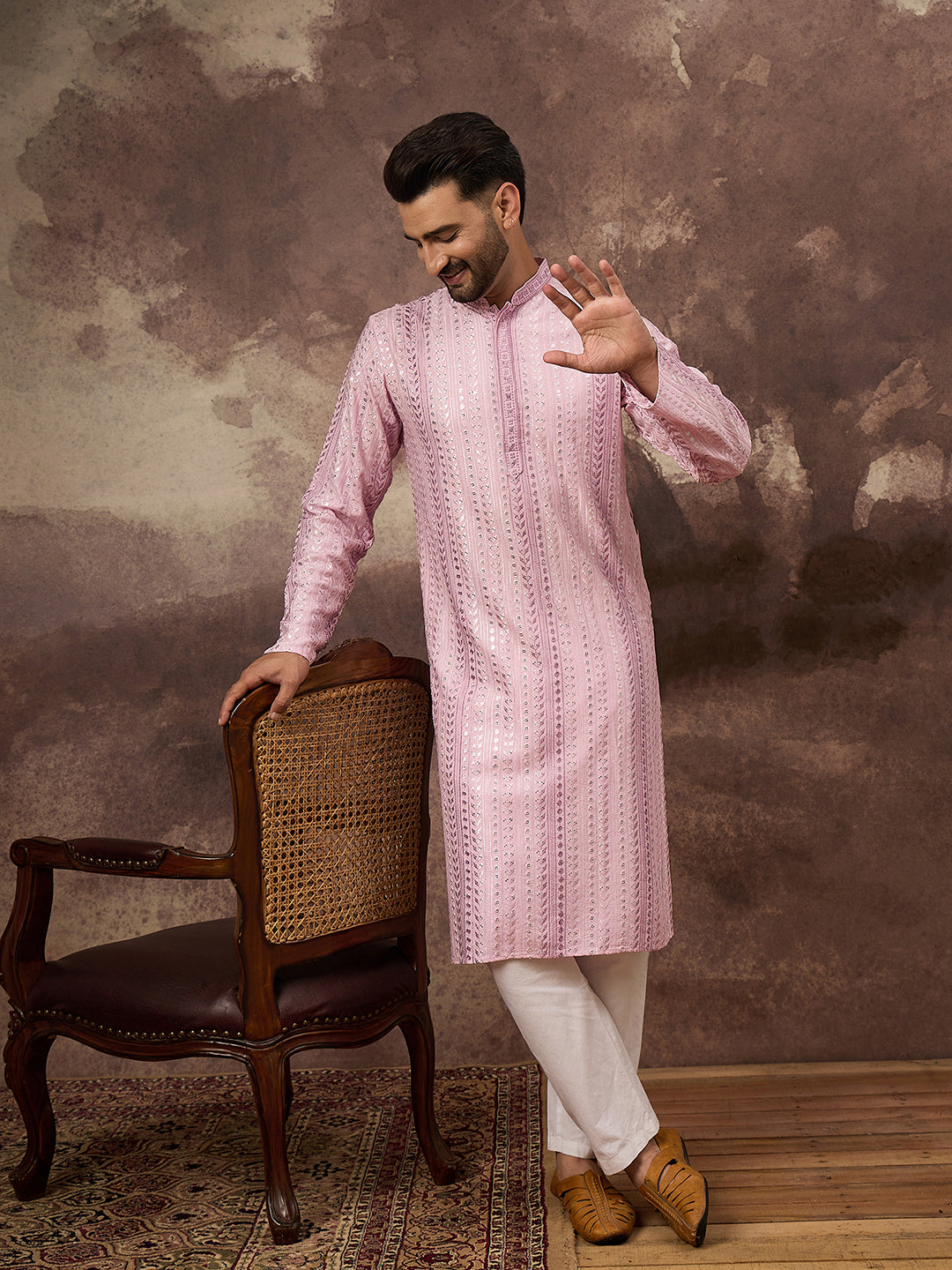 Ethnic Bay Men Pink Viscose Rayon Solid Embroidered Straight Kurta with Trouser-MKSET1325