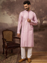 Ethnic Bay Men Pink Viscose Rayon Solid Embroidered Straight Kurta with Trouser-MKSET1325